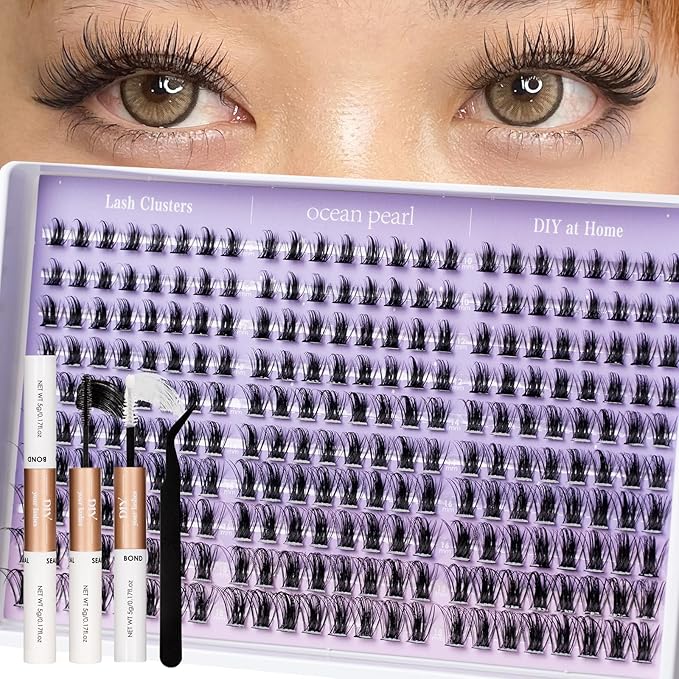Ocean Pearl Lash Clusters Kit 300pcs,Eyelashes,spike-effect cluster lashes,10-18mm manga/anime-inspired lashes clusters,eyelash clusters,DIY Cluster Eyelash Extensions with lash bond+seal+tweezers-M33