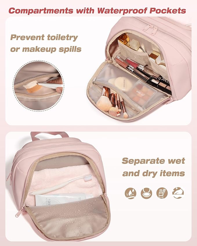 Marscamd Travel Toiletry Bag for Women, Waterproof Makeup & Cosmetic Organizer with Leakproof Pockets for Bathroom or Vanity Use, Pink