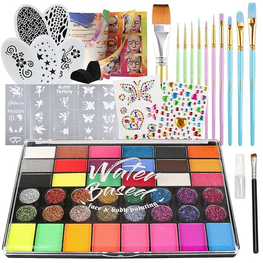 Pintada 42 Color Face Painting Kit for Kids - Non Toxic Water Activated Face Paint Palette With Stencils, Brush, Gems. For Carnival, Halloween, Costume Makeup and Any Creative Activity with Kids