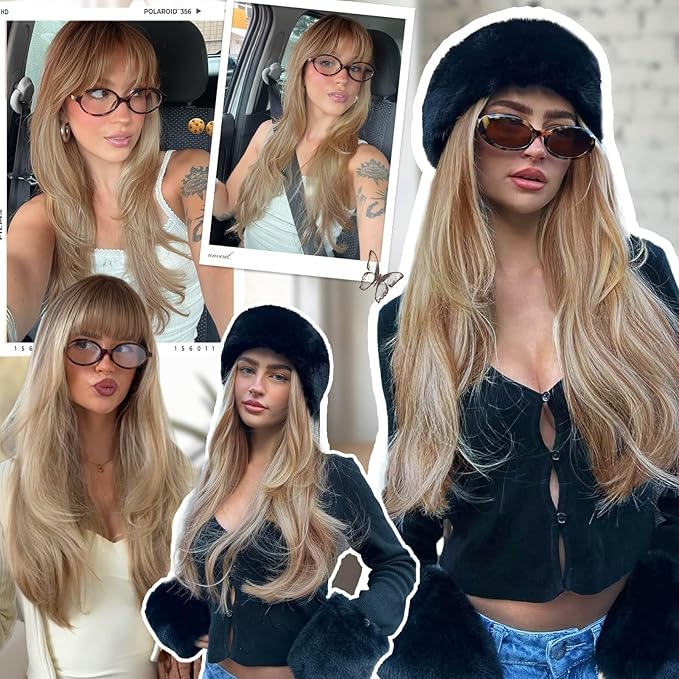 Long Honey Blonde Wig with Bangs for Women- Dark Root to Honey Blonde Ombre,4x4 Realistic Scalp,Free Parting,Layered Hairstyle Synthetic Heat Resistant for Daily Party Use 26 inch