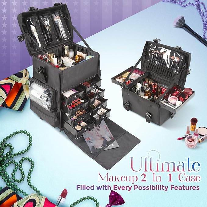 Kemier studio makeup case Omni-directional wheels 2 in 1 Professional Soft Sided,Removable,Artist Rolling Makeup Train Case,Cosmetic Organizer w/Storage Drawers
