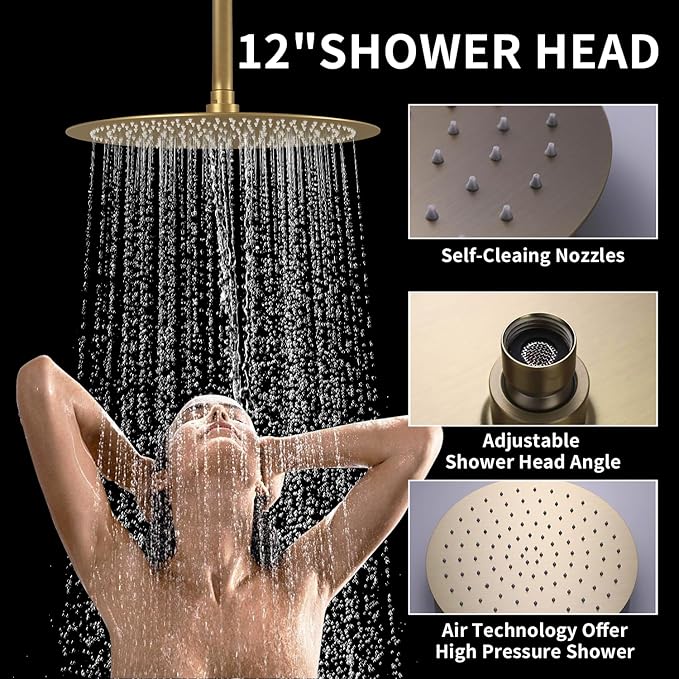 HONGTONGSOWER 12Inch Brushed Gold Ceiling Shower System & 8Inch Wall-Mount Shower Faucet Set, 2 in 1 Handheld with Adjustable Slide Bar Included Temperature Display Valve and Trim Kit Can Work At Once