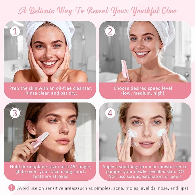 Sonic Dermaplane Razor for Women Face Beauty Eyebrow Trimmer, Exfoliation & Peach Fuzz Facial Hair Removal for Women, Electric Face Razors Shaver Epilator Anti-Aging 3 Speeds & 10 Refill Blades, Pink