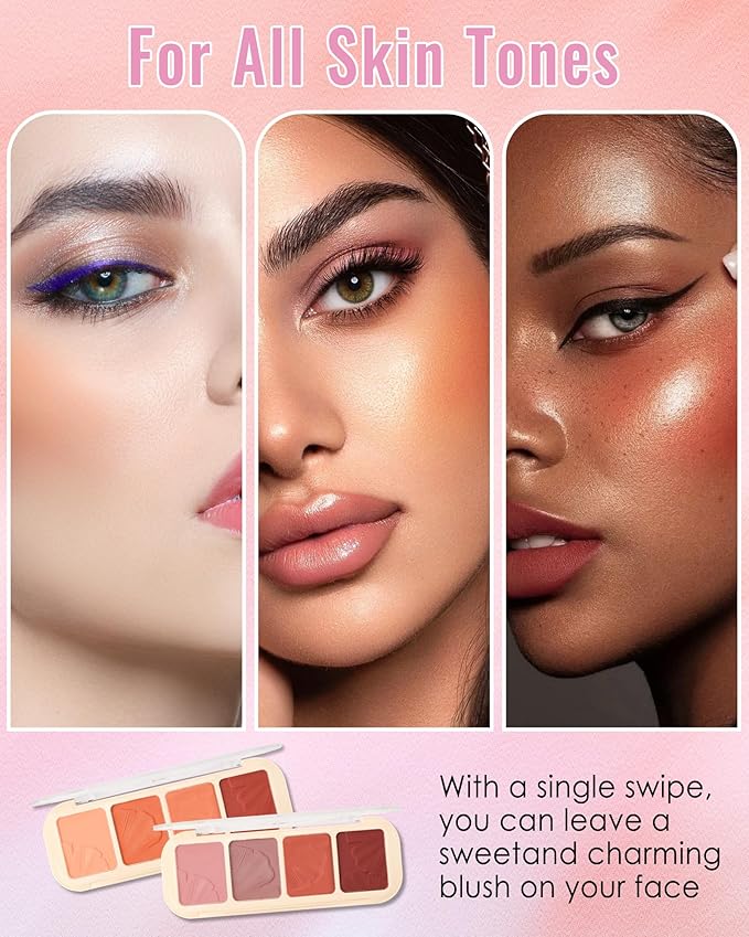 Matte Face Blush Palette Kit with Brush-4 Color Pink Plum Orange Silky Mineral Blendable Blusher Contour Powder for Cheek,Longlasting Facial Beauty Valentine's Women’s Day Makeup Gift for Women-01
