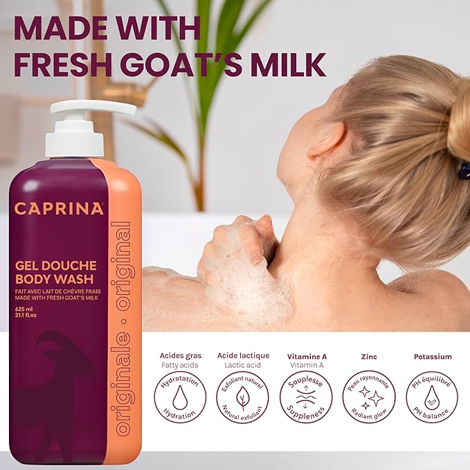 Caprina Fresh Goat’s Milk Body Wash, ORIGINAL Formula, 625 ml, Moisturizing Cleanser for Normal Skin, Gentle Daily Hydration