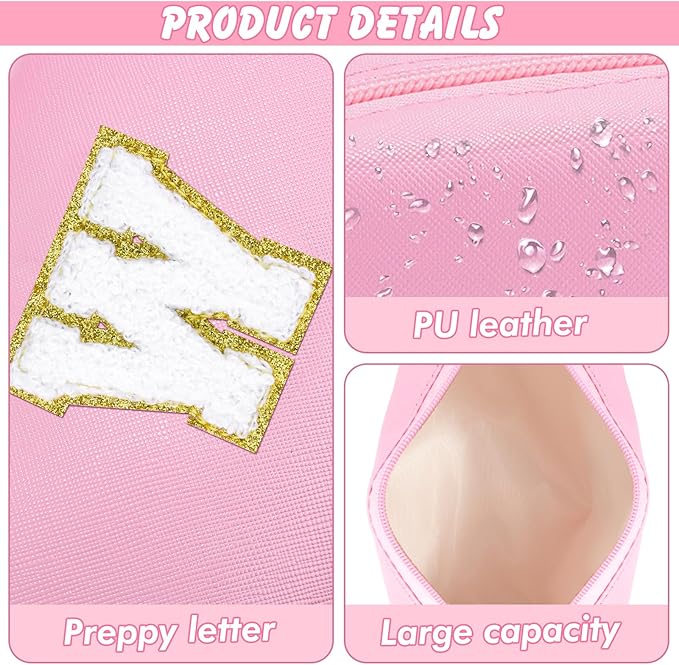 URSKYTOUS Initial Makeup Bag Personalized Preppy Travel Small Cosmetic Bag Cute PU Pink Chenille Letter Makeup Pouch for Purse Waterproof Zippered Toiletry Organizer for Women Girls Kids Friends (W)