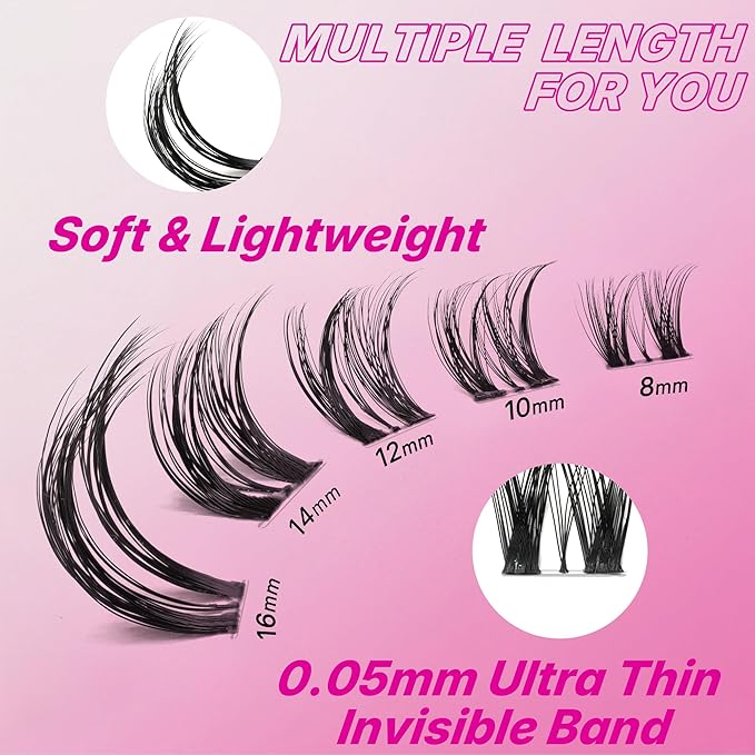VEYESBEAUTY Lash Clusters Individual Eyelash Extensions Thin & Invisible Band DIY False Eyelashes for Self-application Newbie's Five-Second Series Wispy Lash Tray, Ribbon 8-16mm Mixed Length