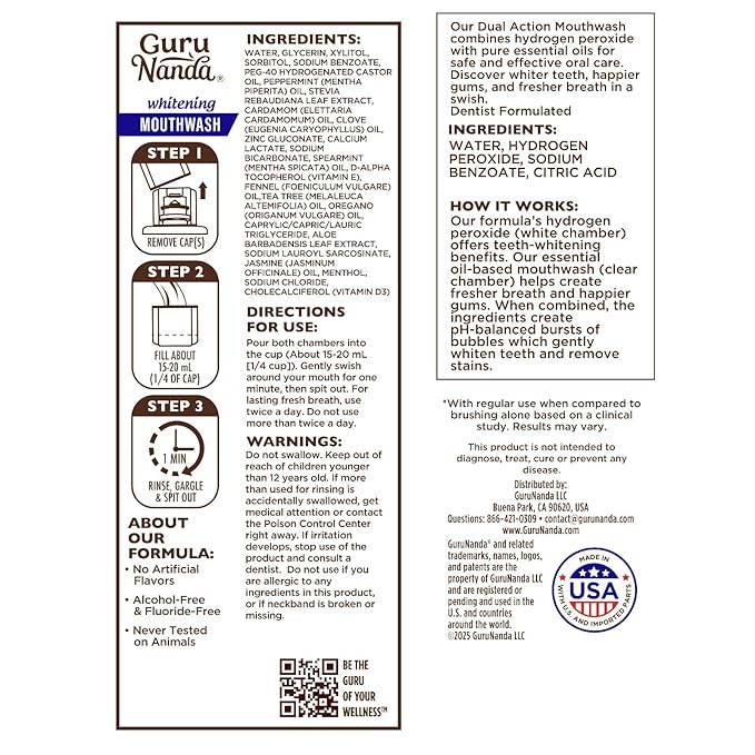 GuruNanda Teeth Whitening Dual Barrel Oxyburst Mouthwash - Alcohol & Fluoride Free, Hydrogen Peroxide to Promote Whiter Teeth - Wild Mint - 3x20 Fl Oz