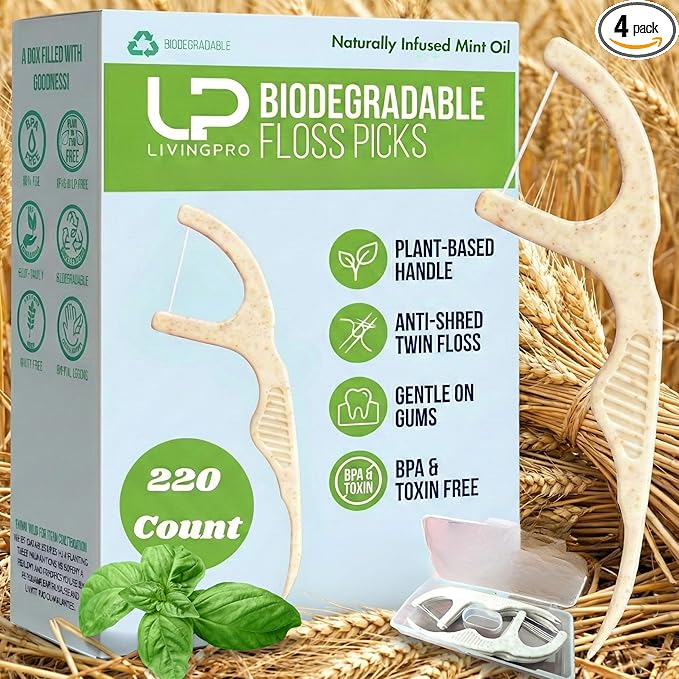 Plant Based Naturally Mint Infused Floss Picks(220pcs) with Travel Case | Biodegradable Straw Wheat Handle | Thin Single Thread Flosser, Shred-Resistant- Easy Glide for Plaque Removal & Gentle on Gum
