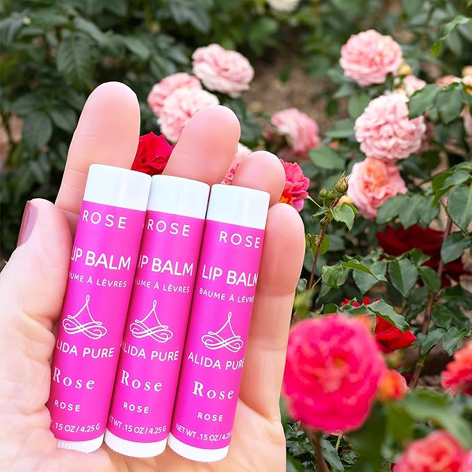 ALIDA PURE Rose Lip Balm Collection, Vegan Set, Beeswax Free, with Organic Jojoba and Avocado Oil, Vitamin E, Natural Moisturizer for Dry, Chapped Lips, 3 Tube Set