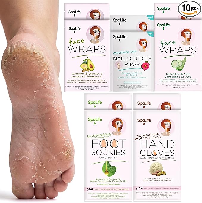 SpaLife 10 Piece Korean Face Mask & Moisturizing Hand Gloves Set | Foot Mask Socks for Dry Cracked Hands & Feet | Korean Skincare Cuticle Repair Mask Women | Self Care Gifts for Women | 10 Pack