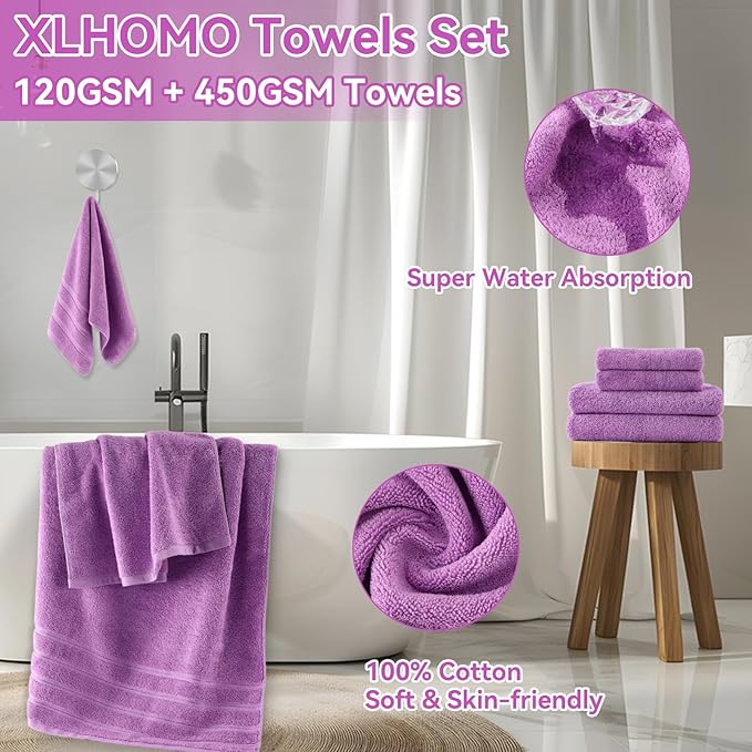 XLHOMO Purple Bathroom Accessories, 24 Pieces Purple and Gold Bathroom Accessories Set with Shower Curtain, Bath Towels, Trash Can, Soap Dispenser and Soap Dish for Bathroom/Housewarming