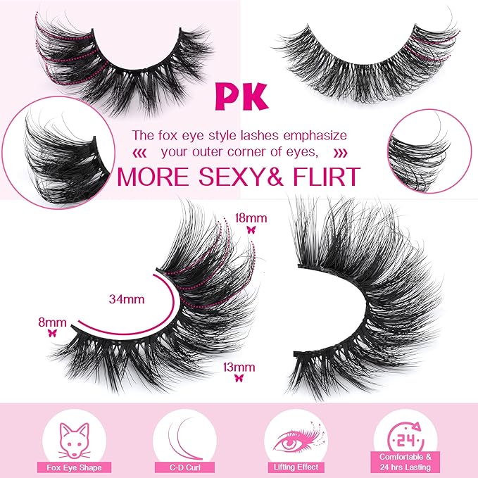 JIMIRE Faux Mink Lashes Fluffy Cat Eye Natural Look False Eyelashes Volume Wispy Fox Eye Crossed 17MM Thick Fake Lashes Look Like Eyelash Extensions Pestañas 7 Pairs Pack