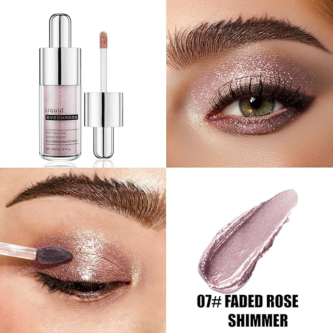 Faded Rose Shimmer Liquid Eyeshadow, Longwear Waterproof Lightweight Eye Shadow Cream, Buildable Blendable Eye Makeup, Vegan Cruelty-Free Paraben-Free for Older Women Stage makeup 07#