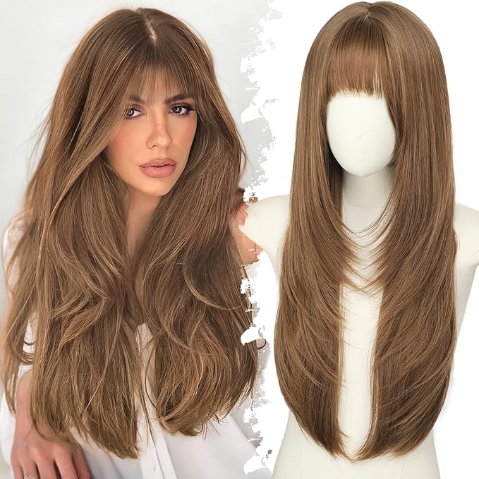 Long Light Amber Brown Wig with Bangs for Women,4x4 Realistic Scalp,Free Parting,Layered Hairstyle Synthetic Heat Resistant for Daily Party Use 26 inch