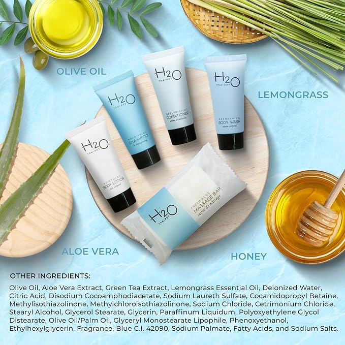 H2O Therapy Hotel Soaps & Toiletries Bulk Set | 1-Shoppe Amenities Kit | 0.85oz Shampoo & Conditioner, Body Wash, Lotion, 1oz Bar Soap | Travel Size | 150 Pieces | Bulk Set, Travel Size
