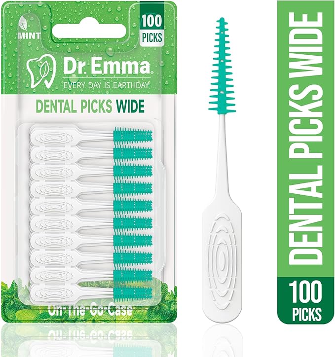 Dr. Emma Dental Picks Wide Space Mint Soft Rubberized Tooth Picks Floss Pick Easy to Use Brush Picks for Teeth Cleaning and Gum Health 100Ct/Pack, 4 Pack(400Ct)