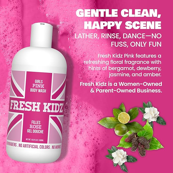 Fresh Kidz Body Wash for Kids and Teens - Gentle Bath and Shower Cleanser for All Skin Types - Girls Pink, 16.9 Fl.Oz.