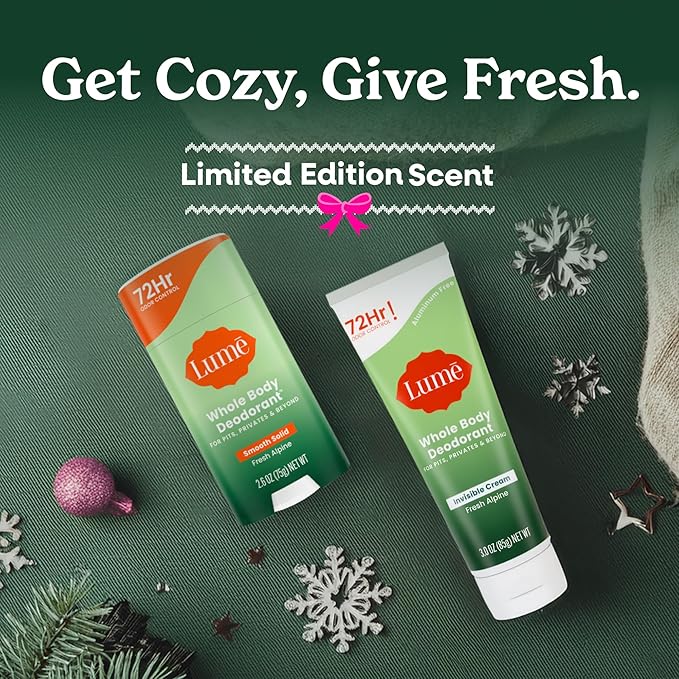 Lume Whole Body Deodorant - Invisible Cream Tube and Solid Stick - 72 Hour Odor Control - Aluminum Free, Baking Soda Free, Skin Loving - 3.0 Ounce Tube and 2.6 Ounce Solid Stick Bundle (Fresh Alpine)