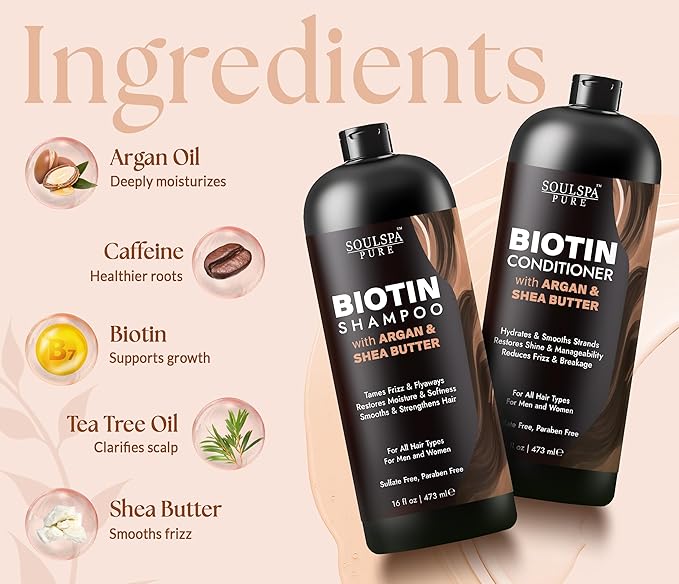 Biotin Shampoo and Conditioner Set with Argan & Shea Butter | Moisturizing & Thickeing Formula | Sulfate free Shampoo and Conditioner for Curly, Dry or Damaged Hair | SOULSPA PURE – 16 fl oz Each