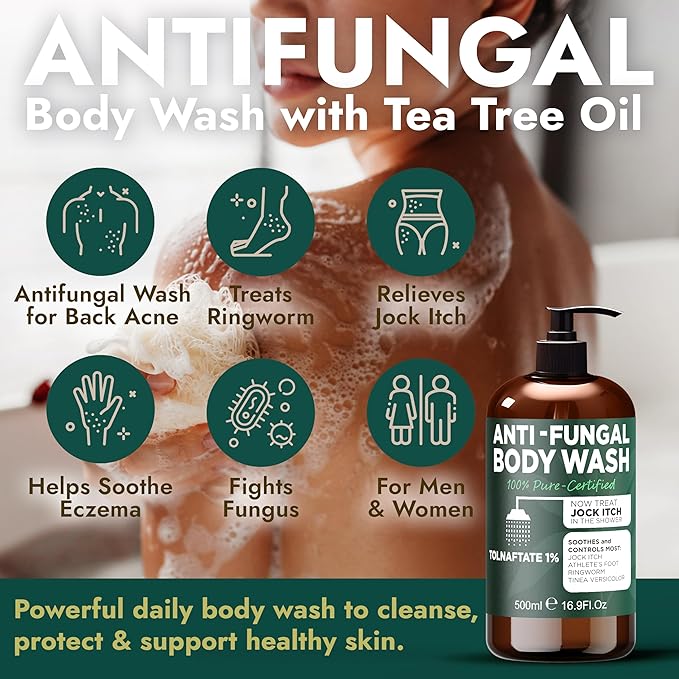 Antifungal Body Wash with Tea Tree Oil | Antifungal Soap for Back Acne,Treats Ringworm, Eczema & Jock Itch | Antifungal Body Soap For Men And Women | Includes Silicon Scrubber (16.9 oz)