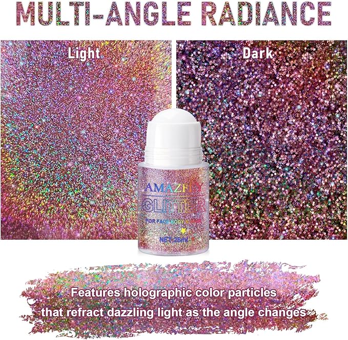 Roll-on Holographic Body Glitter Gel for Face and Hair, Chameleon Color Changing Glitter Gel Under Light, Chunky Mermaid Sequins Festival Party Rave Accessories (Metallic Beauty Beam)