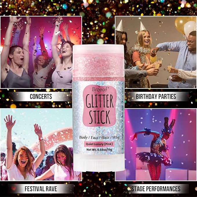 Brzeaf Pink Glitter Stick, Not Greasy & Long Lasting, Face Glitter Gel, Chunky Glitter for Face/Body/Hair/Eyes/Lip, Singer Concert Music Rave Festival, Glitter Stick Makeup for Women Men