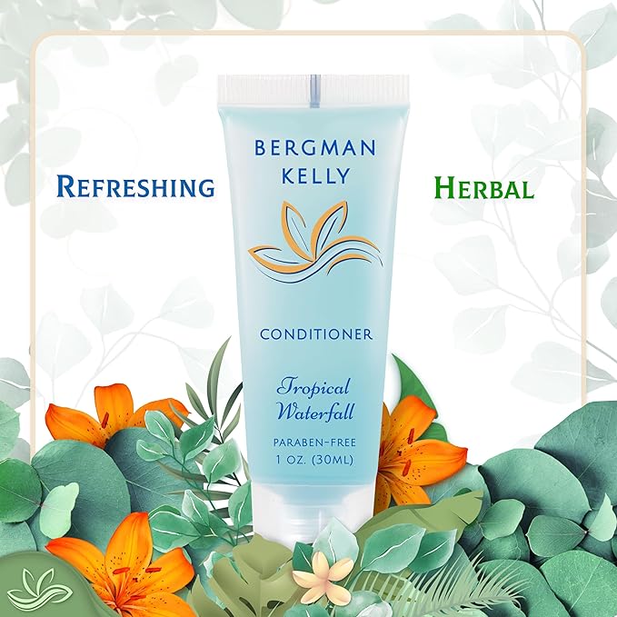 BERGMAN KELLY Round Hotel Soap Bars, Shampoo & Conditioner 3-Piece Set (1 oz each, 150 pc total, Tropical Waterfall), Delight Your Guests with Refreshing Bulk Travel Size Hotel Toiletries