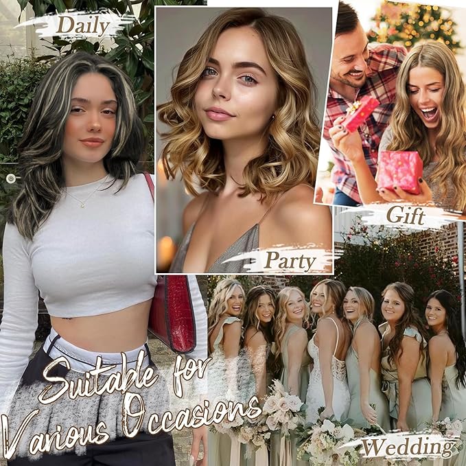BARSDAR Short Wavy Clip in Hair Extensions - 12 Inch Highlight Hair Extensions Clip in for Women - 6PCs Thick Soft Synthetic Clip-ins Hairpieces Daily - Brown with Honey Blonde