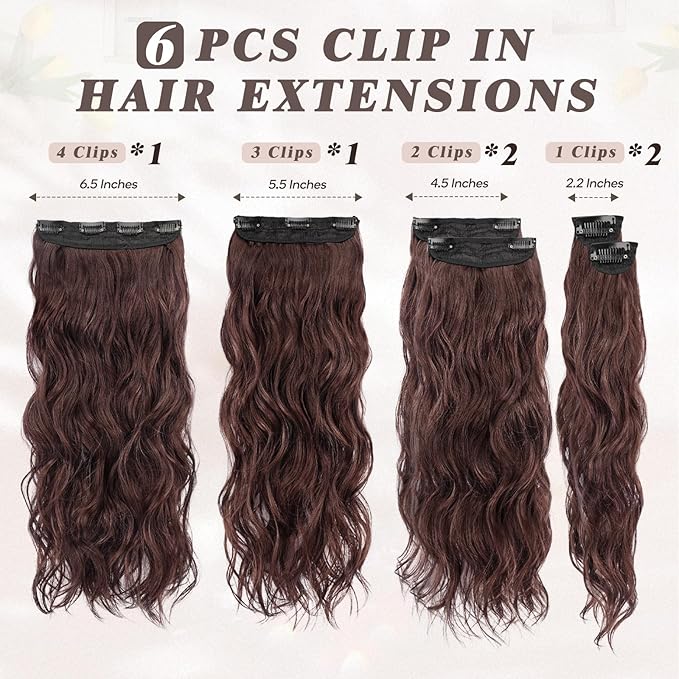 BARSDAR Brown Clip-in Hair Extensions - 20 Inch Wavy Synthetic Chestnut Hair Extensions - 6PCs Soft Thick Clip-ins - Reddish Chestnut Brown