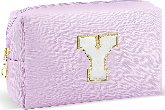 URSKYTOUS Gifts for Girls Initial Makeup Bag Personalized Cosmetic Bag with Zipper Cute Travel Toiletry Bag Waterproof PU Preppy Makeup Pouch Birthday Gift for Teen Girls Women(Purple Y)