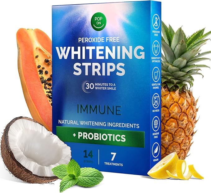 Teeth Whitening Strips by Pop On, 14 Strips, 7-Day Treatment, Non-Slip, Sensitive Teeth Whitening Strips, Made with Natural Ingredients, Coconut Oil, with Essential Probiotics, Hydrogen Peroxide Free