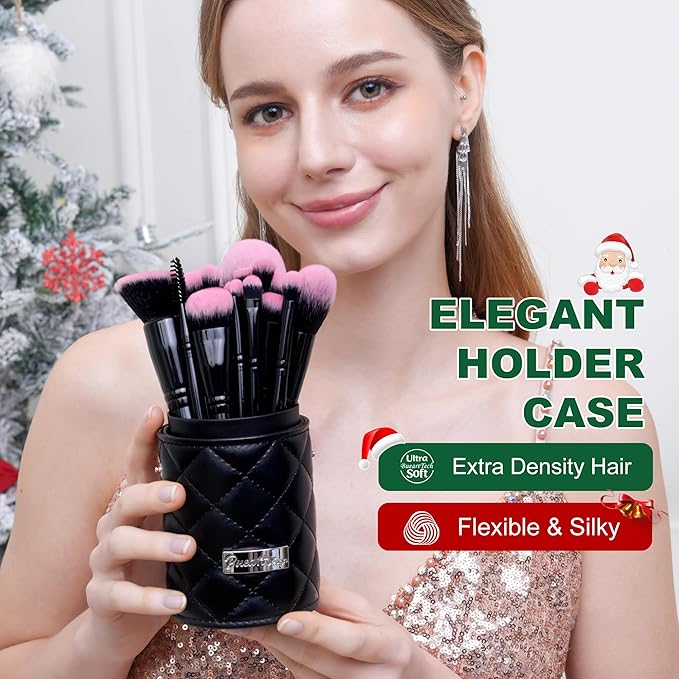 Bueart Design 18Pcs Pro Deluxe Fuchsia Pink Black Makeup Brushes set with Travel Make up Brush Holder case Foundation concealer contour Blush eyeshadow face make up brush set