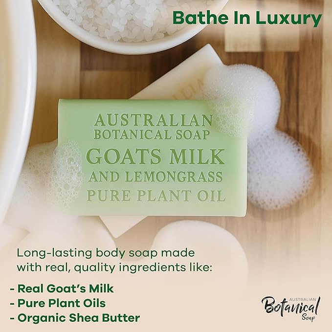 Australian Botanical Soap Goat Milk Soap Collection, 6.6 oz Bars, Goats Milk with Shea, Pink Melon, Lemongrass, and Raspberry, Enriched with African Shea Butter, 2 Bars of Each - Variety Pack of 8