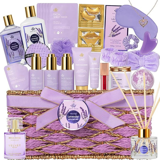 35 Pcs Valentines Day Gifts for Women, Lavender Bath and Body Gift Basket, Facial Skin Care Set, Spa Kit, Self-Care Set, Face Sheet Mask, Necklace, Birthday, Christmas, Mother Day, Anniversary