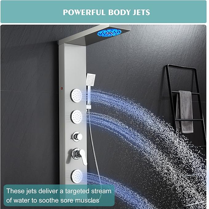 KINKIB Shower Panel Tower System for Bathroom - 5 In 1 Full Body Shower Tower With Led, Rainfall Shower Head With Powerful Body Jets, Handheld Shower and Tub Spout, Brushed Finish