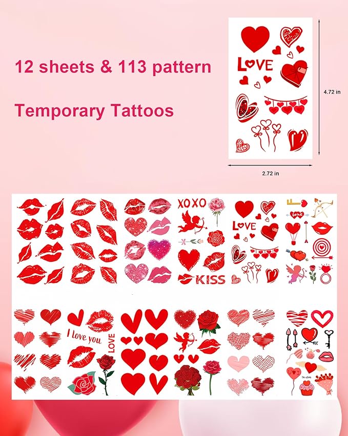 Temporary Tattoos for Lover, 12 Sheets Love Heart Tattoos for Valentines Day Decorations Classroom Girls Boys School Class Bday, 113pcs Pattern for Festivals and Parties (Red - Love)