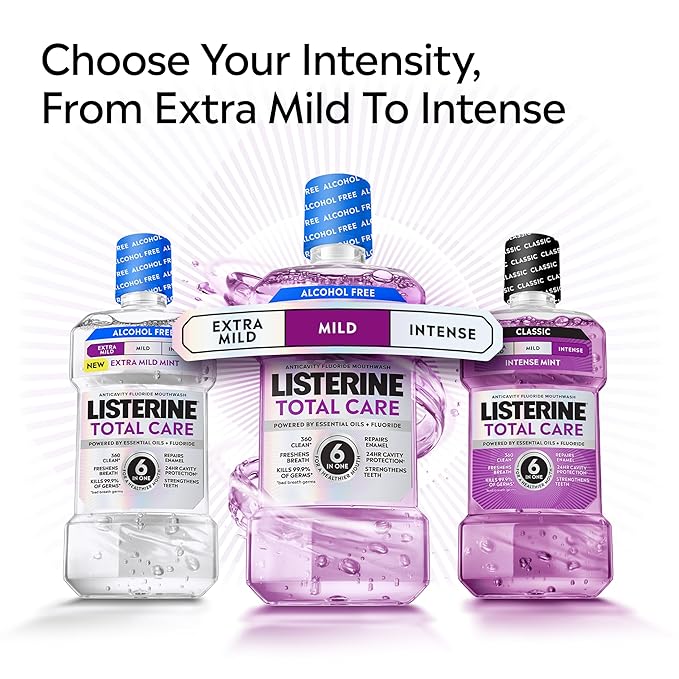 Listerine Total Care Alcohol-Free Mild Mouthwash, 6 Benefit Oral Rinse to Help Kill 99.9% of Germs That Cause Bad Breath, Strengthen Enamel, Mild Mint Flavor, Twin Convenience Pack, 2 x 1 L