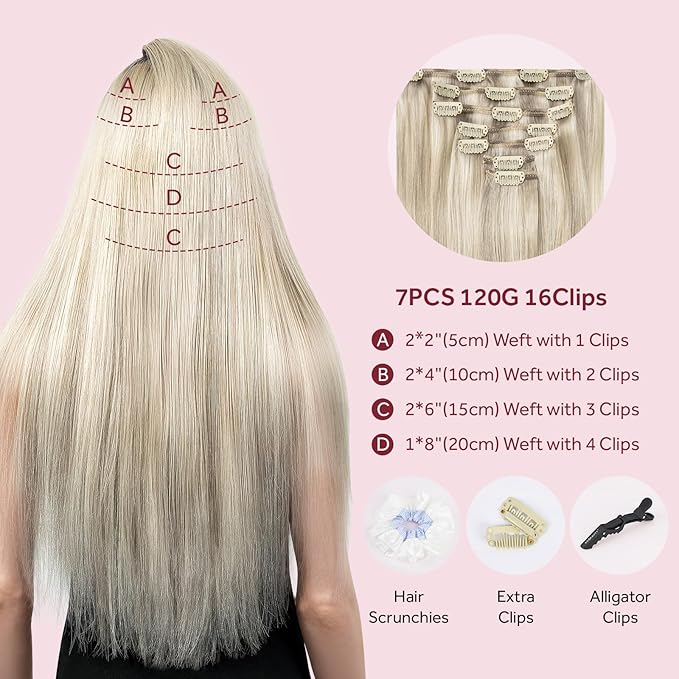 Clip in Hair Extensions Real Human Hair, Remy Hair Extensions Clip In Human Hair Thick and Silky, Ash Blonde Highlighted Platinum Blonde #P17A/60A 16Inch 120G 7PCS