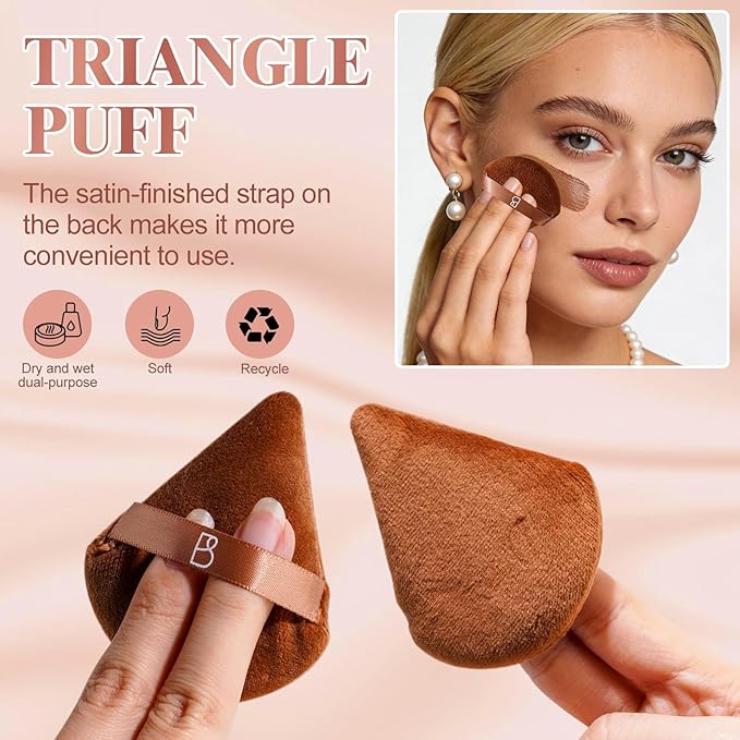 BS-MALL Travel Makeup Brushes Premium Synthetic Foundation Powder Concealers Eye Shadows 7 PCS with Triangle Puff & Storage Bag (Beige)