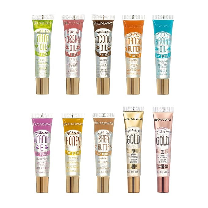 Ruby Kisses Broadway Vita-Lip Clear Lip Gloss (10 Pack), Ultra-Hydrating & Soothing Formula with Vitamins, High-Shine Non-Sticky Finish Lip Balm with Mint, Rosehip, Coconut, Mango, Argan, Honey, Shea