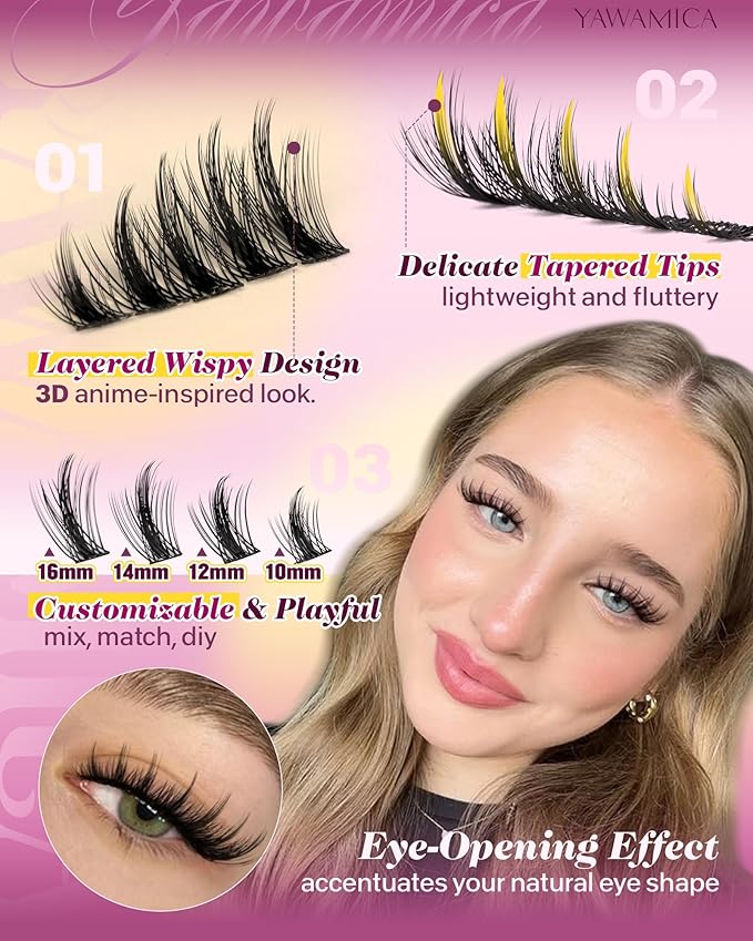 Yawamica Manga Lash Clusters Kit - DIY Eyelash Extension Kit with Bond and Seal & Tweezers, D Curl Wispy Spiky Individual Lashes 10-16mm Mixed Eyelash Clusters, Natural 3D Anime Look for Home Salon