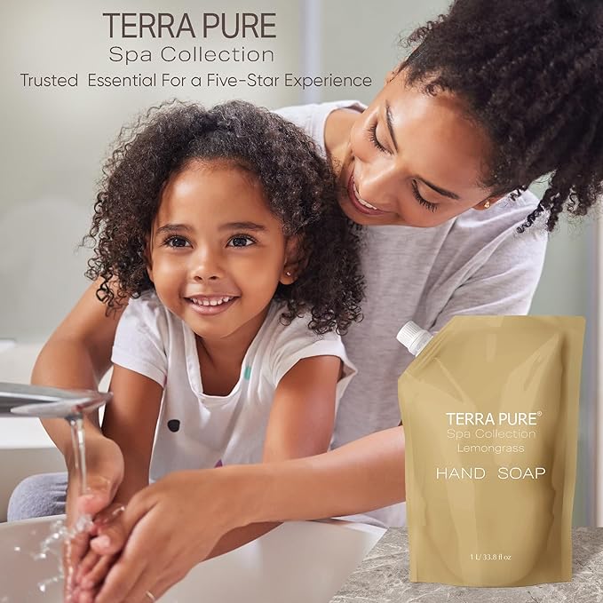 Terra Pure Spa Collection 1 Liter Body Wash Refill Bag For Soap Dispensers | Bulk Toiletries for Vacation Rentals, and Home Bathroom Showers | Green Tea Lemongrass | Set of 3