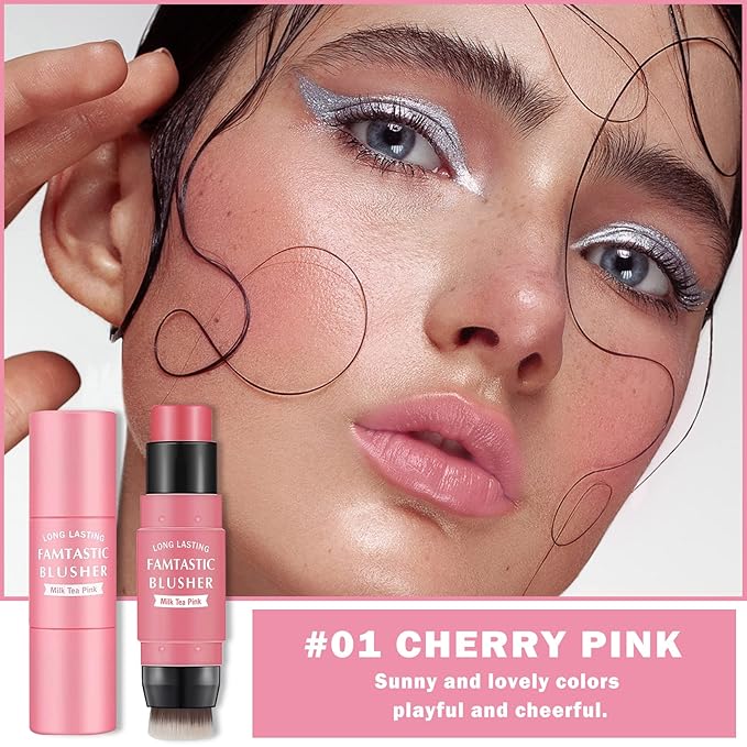 Cream Blush Stick with Brush,Waterproof Blush Makeup,Long Lasting Cherry Pink