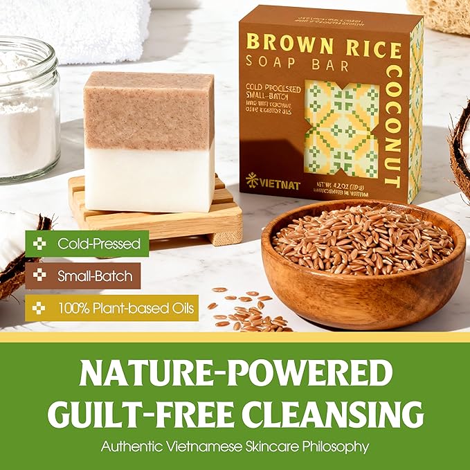 VIETNAT Brown Rice & Coconut Milk Soap Bar (Pack of 5) – 2-in-1 Exfoliating & Moisturizing Handmade Soap, Cold Process Bar with Brown Rice & Coconut Oil, Made in Vietnam