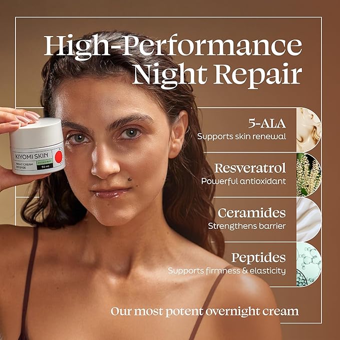 Kiyomi Skin Night Cream Intense - Overnight Face Cream with 5-ALA, Resveratrol, Ceramides, Peptides - Anti-Aging Facial Moisturizer for Fine Lines, Wrinkles, Skin Barrier - German Made - 1.7 Fl Oz