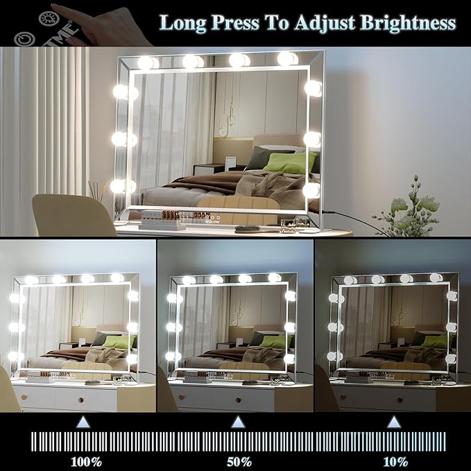 BEAUTME Large Hollywood Vanity Mirror with 10 pcs Dimmer Bulbs, 3 Lighting Modes, Smart Touch Control, Tabletop Mirror/Wall Mounted LED Mirror Home Decor for Bedroom, 31.5×24 inch