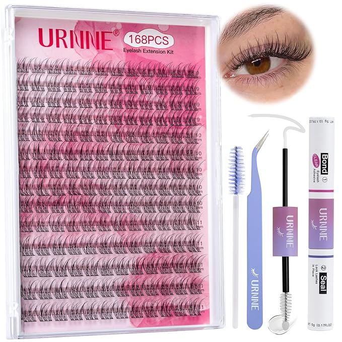 Natural Lash Clusters, 168Pcs Lash Extension Kit, 9-11MM Wispy Eyelash Clusters, Individual Lashes Cluster Kit with Bond and Seal and Tweezers DIY at Home by URNNE