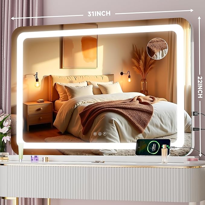 Vanity Mirror with Lights, 32" x 22" LED Makeup Mirror with 10X Magnification, Dimmable 3 Modes, Memory Function, Smart Touch, USB Charging Port, Lighted Makeup Mirror Round White
