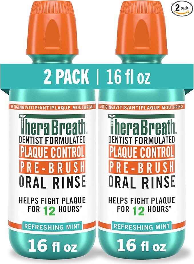 TheraBreath Plaque Control Pre-Brush Oral Rinse, Refreshing Mint Flavor, Antigingivitis and Antiplaque Rinse, Dentist Formulated, Alcohol Free, 16 Fl Oz (Pack of 2)